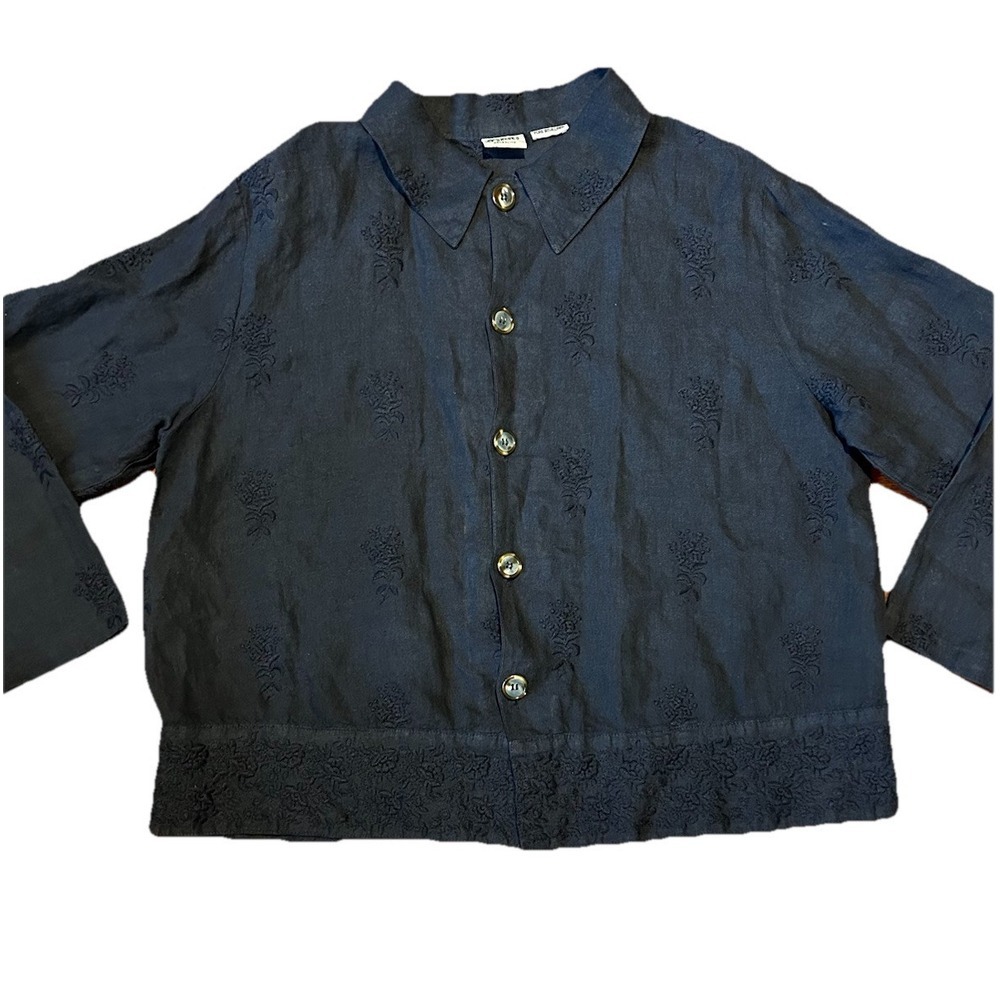 CP Shades Irish Linen Jacket Embroidered Shacket Button Front‎  Sz Small Black